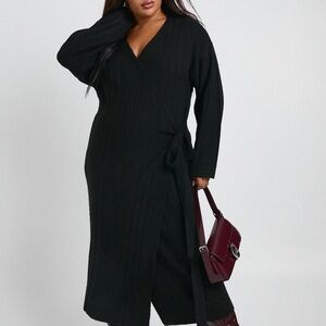 Boohoo Black ribbed tie wrap sweater dress